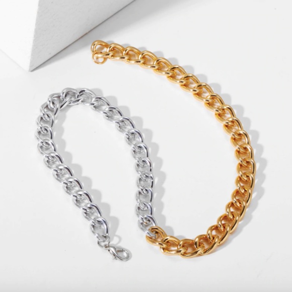 Two-toned Thick Gold Link Chain Choker Necklace - Picture 8 of 8